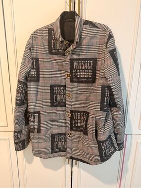Versace Plaid Logo Button Jacket in Black, White, Pink 39A